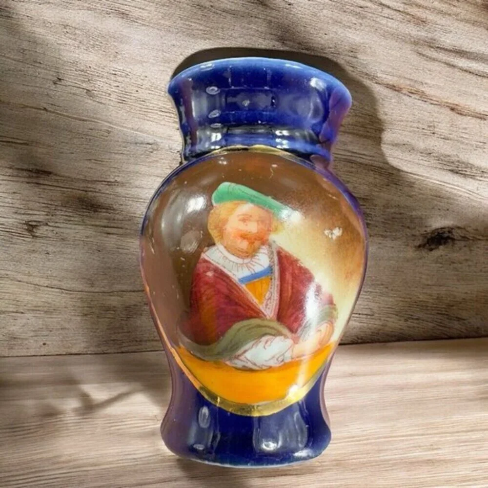Antique Hand Painted Portrait Porcelain Small Miniature Vase‎ Cobalt Blue VTG
